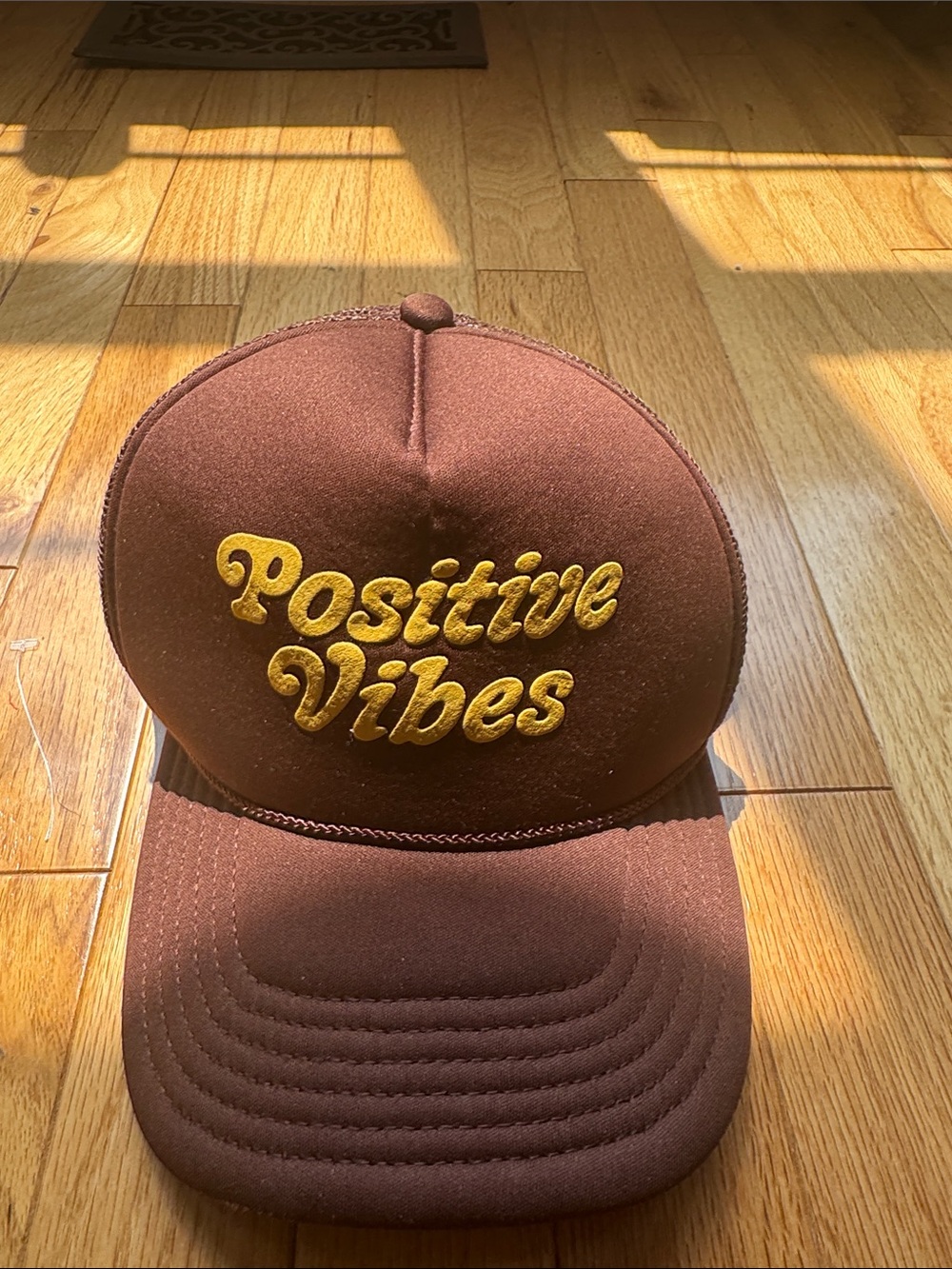 Positive Vibes Brown Trucker Hat with Gold Embroidery